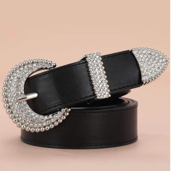 Vegan Black Leather Rhinestone Round Buckle Belt - Picture 2 of 7